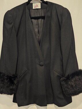 Vintage C'est Simone 80s Possum Fur Cuffs Collarless Opera Blazer Women's 12
